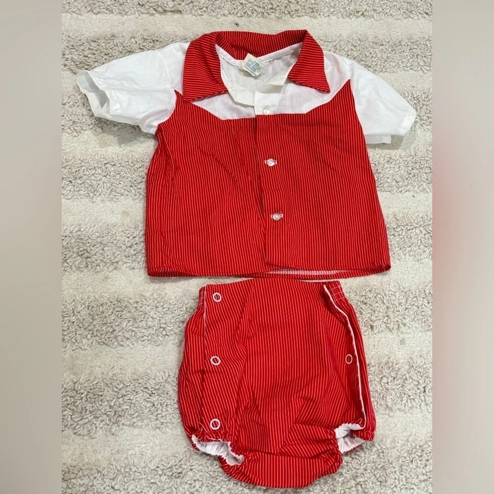 Vintage 1970s sailor set baby boy button down shirt high rise shorts striped
